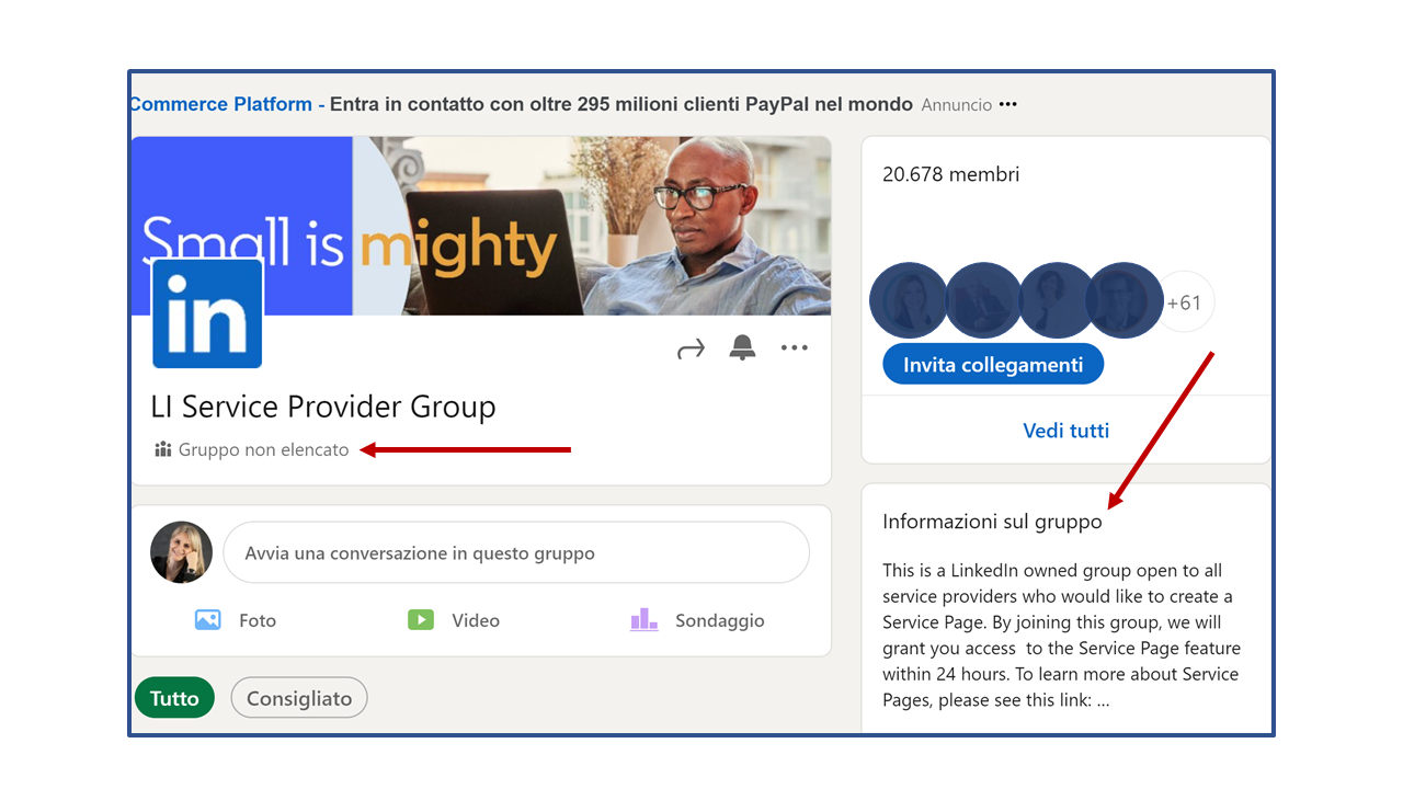 Il Gruppo Linkedin che attiva i Servizi Offerti