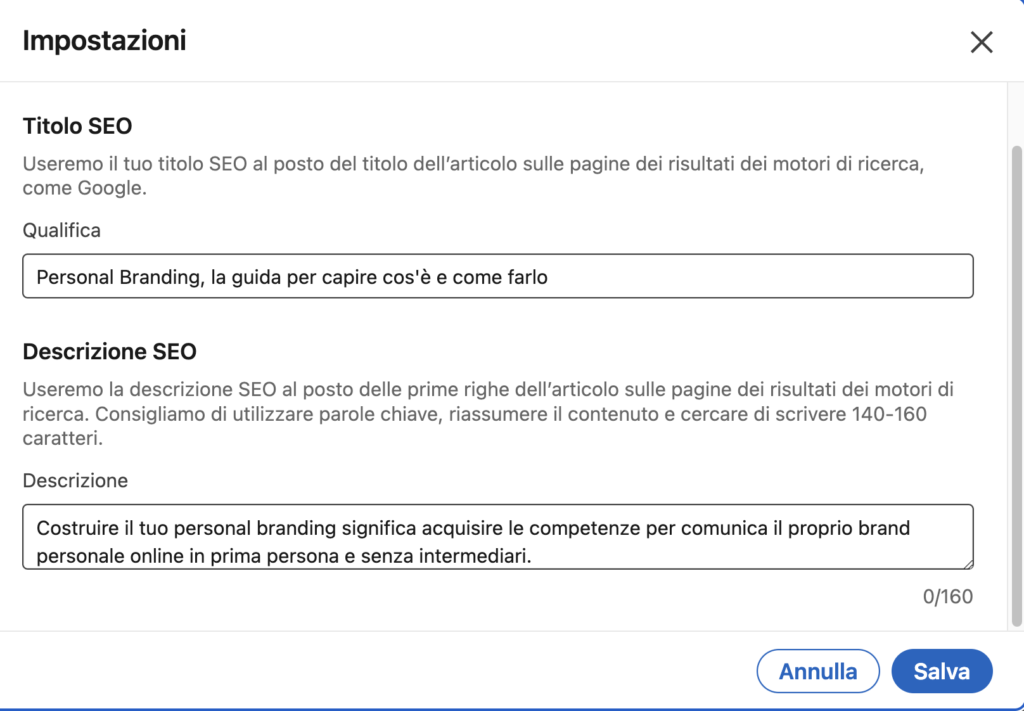 Impostazioni SEO della Newsletter title e description